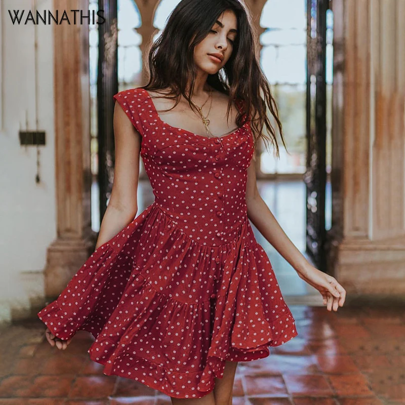 

Pleated Short Dress Summer Sleeveless Dot Women Girls Sexy Casual O Neck Low Chest Slim Elegant Vintage Fashion Dresses Female