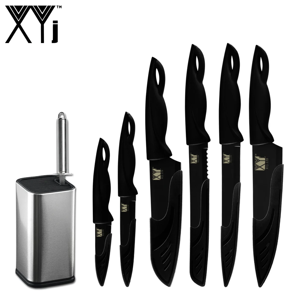 

XYj 8pcs Kitchen Stainless Steel Knives Set Sharpener Bar 8 inch Knife Stand Chef Slicing Bread Santoku Utility Paring Knives