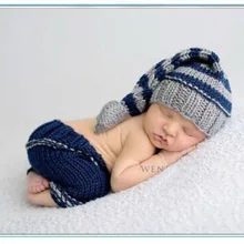 Ручной Детские Пикси Эльф Hat, младенца вязания крючком полосы чулок шапки с комплект со штанами для новорожденных Фото propsszie: 0-1 м, 3-4 м