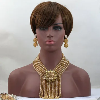 

New Design Champagne Gold Crystal Handmade African Costume Jewelry Sets Women Party Beads Lace Jewelry Sets Free Shipping ALJ523