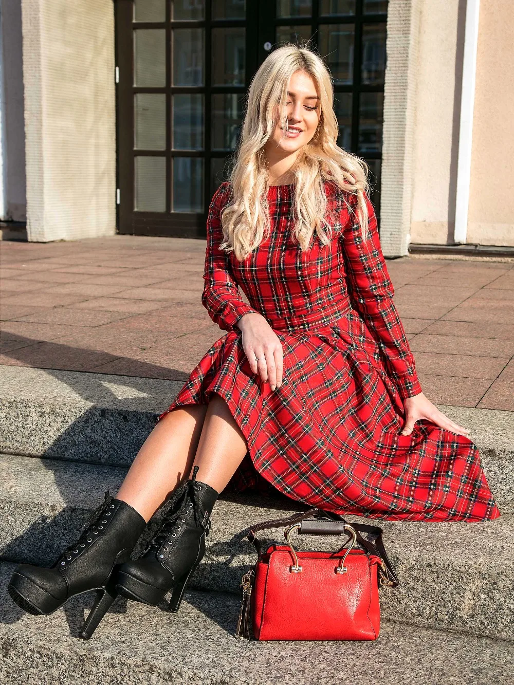 Sisjuly женщины одеваются осень плед Красный вечерние платья O шеи с длинным рукавом лоскутное A-line ежедневно женский толстый винтажное платье