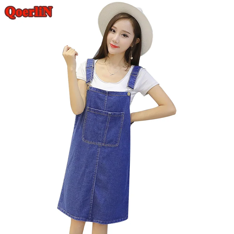 

QoerliN Front Pocket Strap Denim Dress Female Summer Fashion Sundress Girls Split Loose Casual Jeans Women Clothing Plus Size