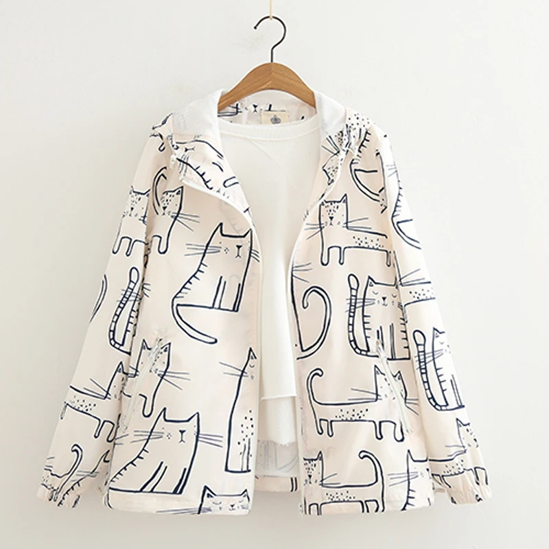

Spring New Fashion 2018 Japanese Women Graffiti Cartoon Printed Loose Hooded Transparent Jacket Female Zipper Short Outwear Coat