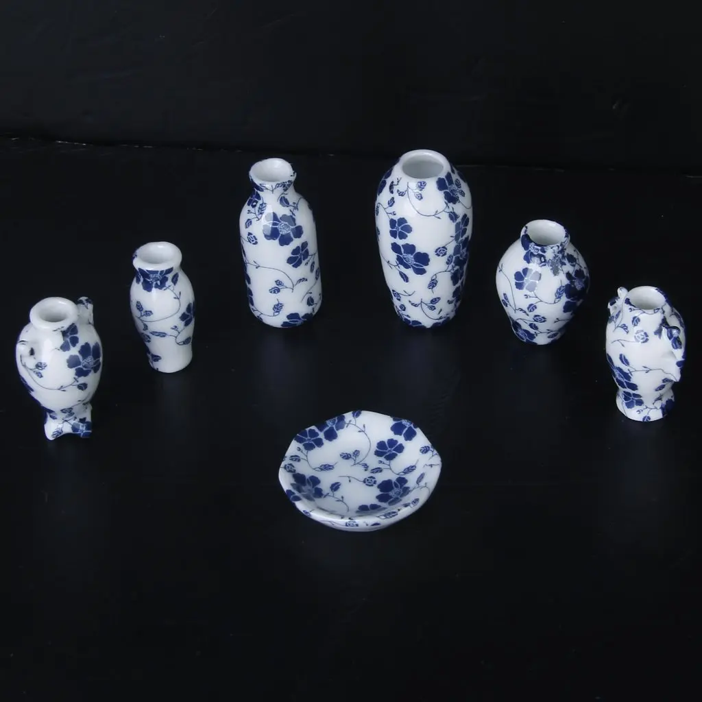 

FBIL-1/12 Dollhouse Miniatures Ceramics Porcelain Vase Blue Vine -7 piece