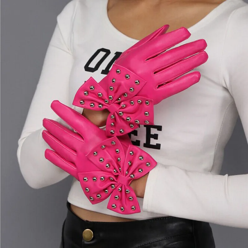 Перчатки для девочек женские эластичные вязаные перчатки варежки Зимние Модные женские заклепки Бабочка бант мягкие зимние кожаные перчатки Y418 - Цвет: Hot Pink