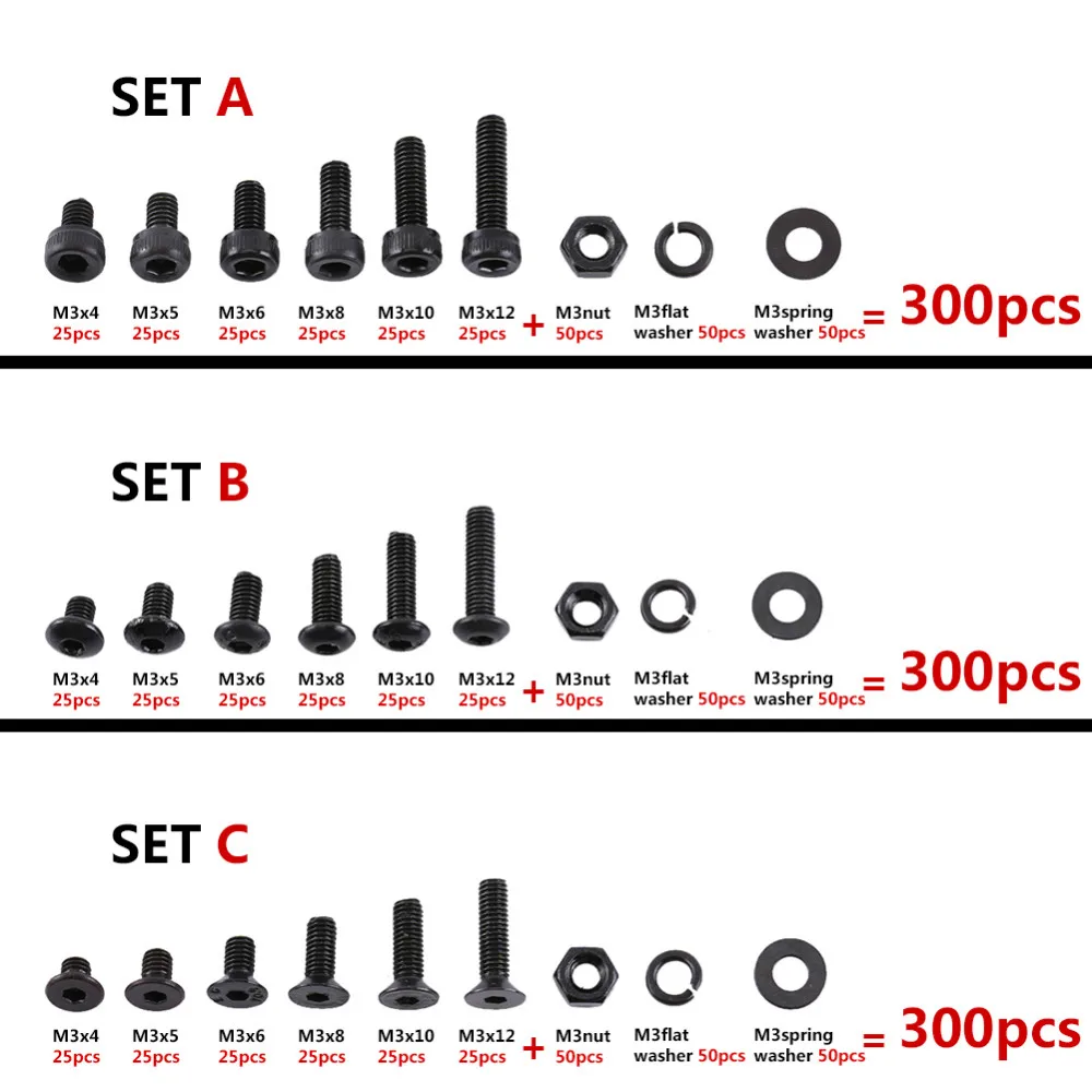 300 шт./компл. M3 шестигранный Набор торцевых головок винтов сплав Сталь болт с шестигранные гайки ассортимент шайбы комплект черный застежка аксессуар инструмент для ремонта