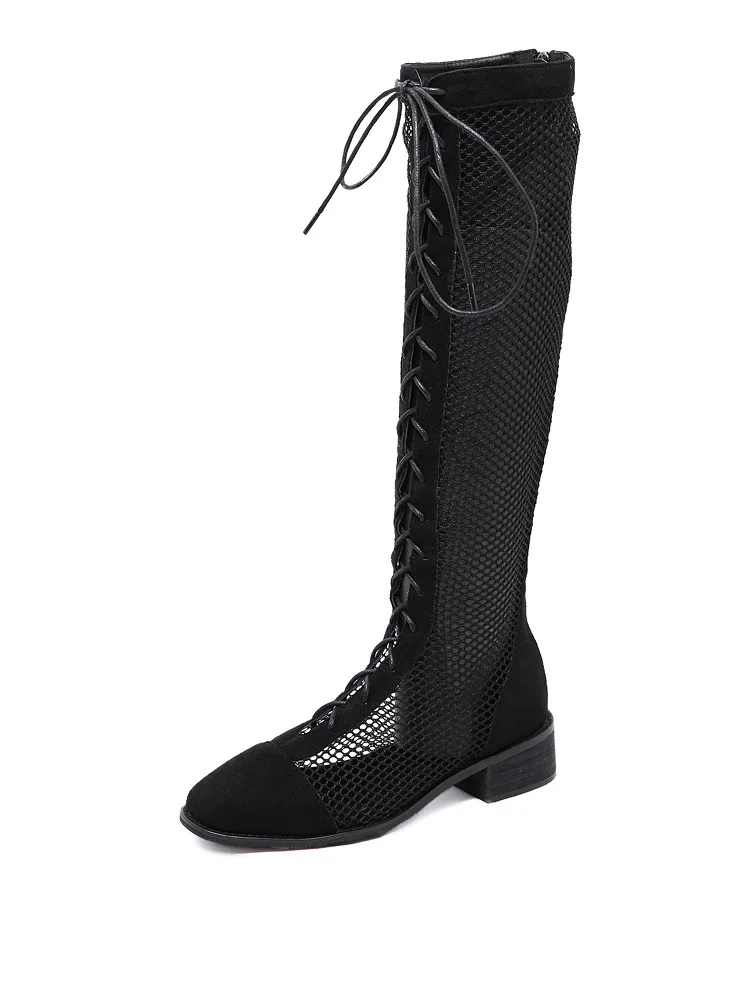 Koovan/Женские летние сапоги на квадратном каблуке; летние туфли из сетчатого материала на шнуровке с украшением в виде кристаллов на Высоком толстом каблуке Для женщин сандалии