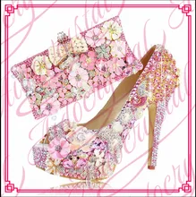 Aidocrystal Handmade pink Shoes And Match Bag Set Rhinestone Flower Peacock Wedding Shoes For Bridal