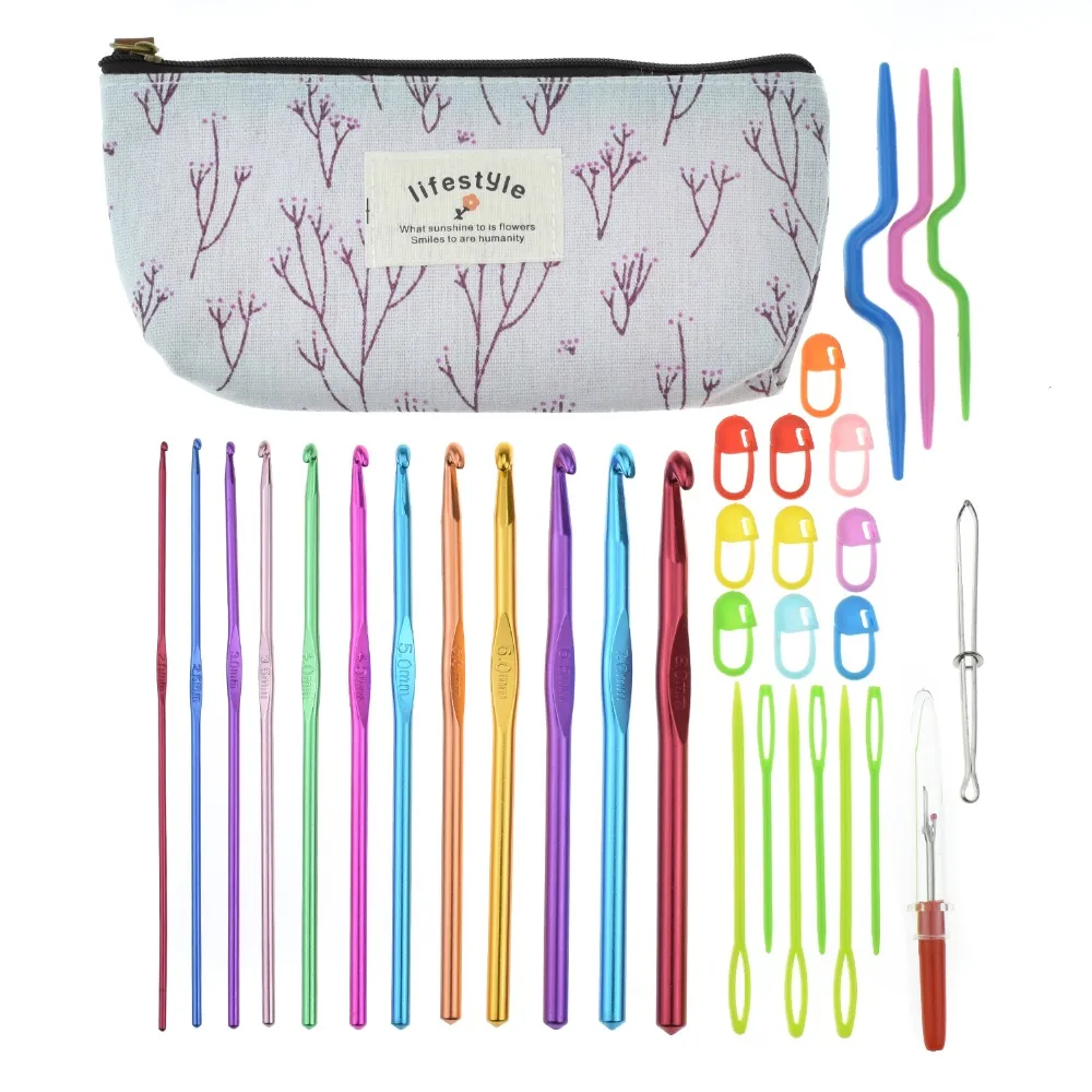 35Pcs Aluminum Crochet Hooks Knitting Needles Set 2.0 8.0mm Hook For
