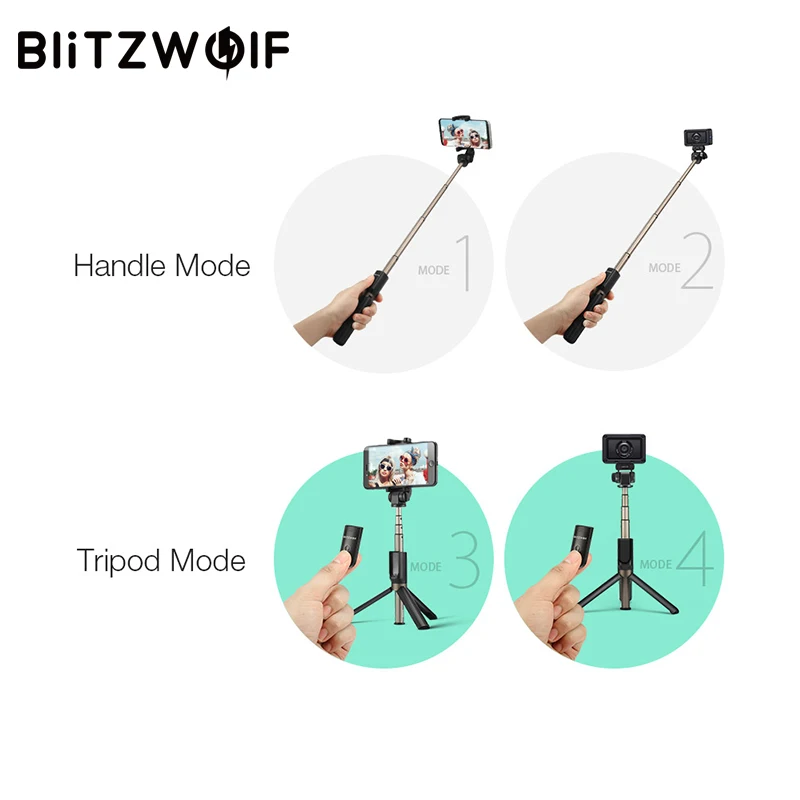 BlitzWolf 4 в 1 BW-BS3 Спортивная Bluetooth-гарнитура Selfie Stick Выдвижная складная беспроводная штатив-монопод для Gopro 8 7 6 Osmo Action для iPhone 11 X Xiaomi 9 Huawei P30 Pro смартфон Samsung