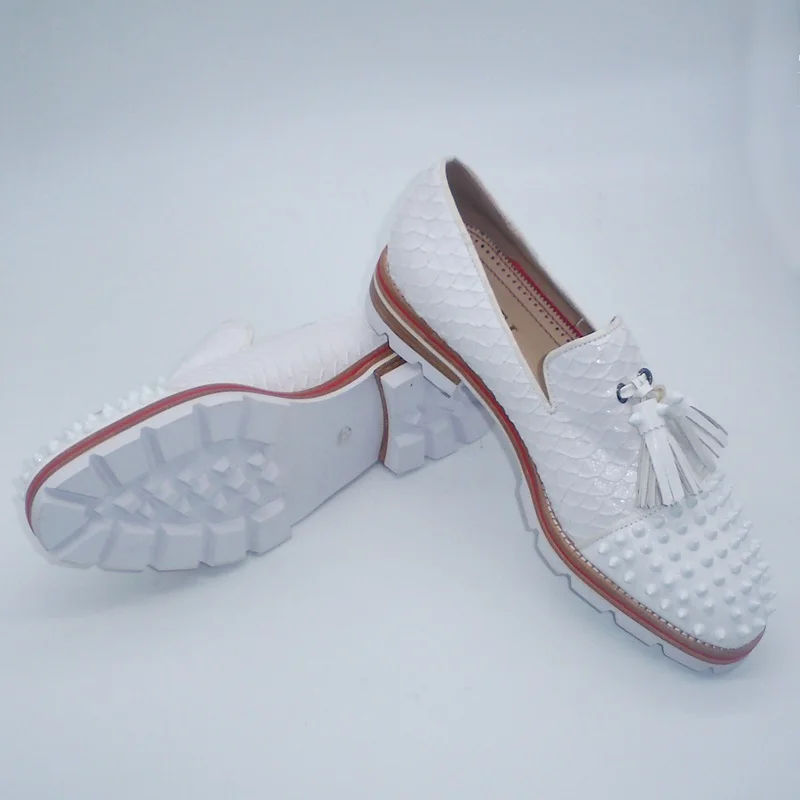 LOUBUTEN White Snakeskin Pattern Genuine Leather Tassel Loafers Slip On Men Dress Shoes Luxury Rivets Casual Shoes