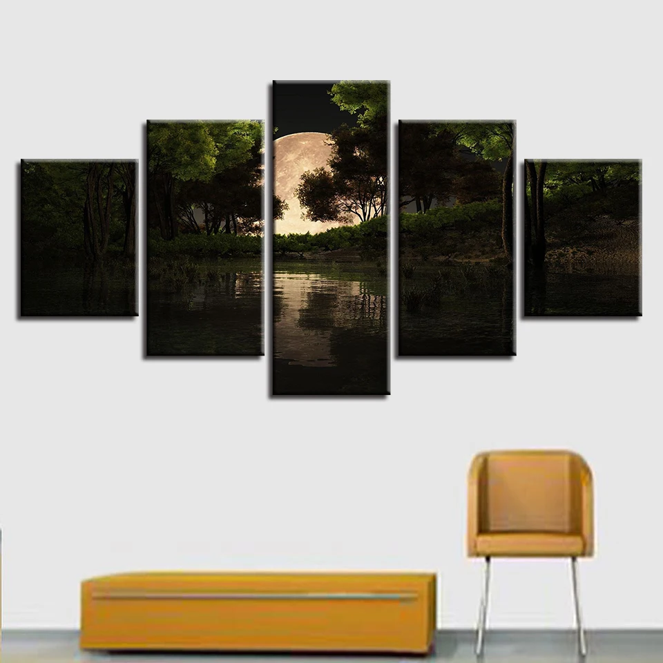 

Canvas Wall Art Pictures Home Decor Framework 5 Pieces Forest Lake Moon Trees Landscape Paintings Living Room HD Prints Poster