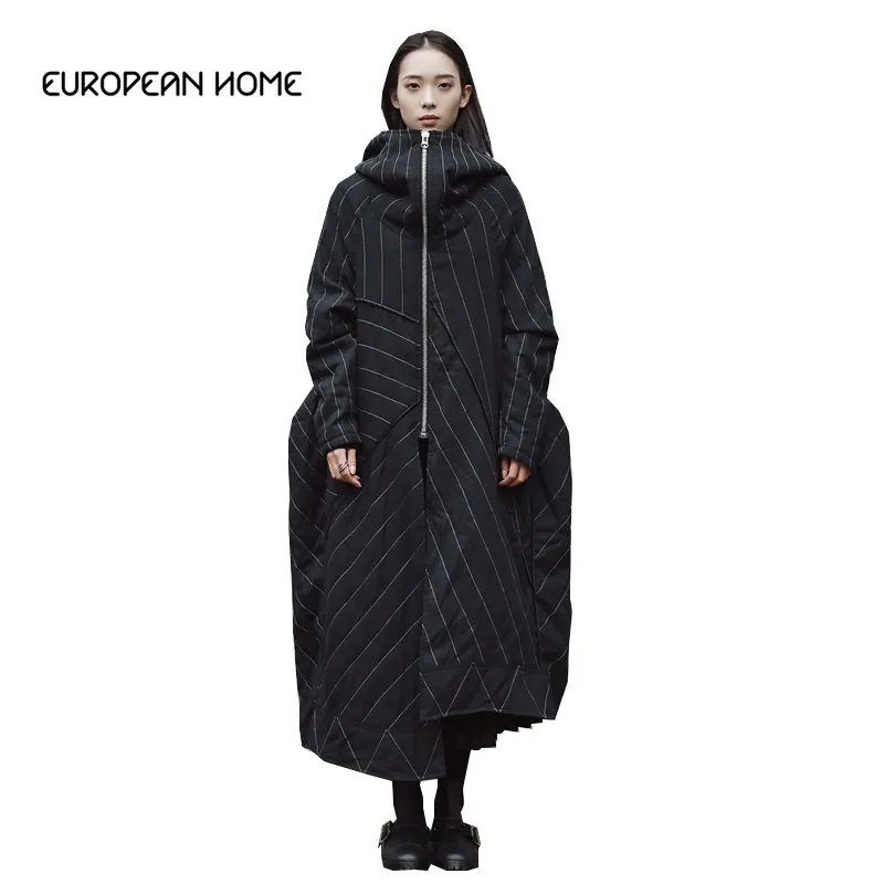 

New 2019 Fashion Gothic Winter Women Plus Size Streetwear Hooded Solid Color Stripe Loose Leisure Long Section Parkas LQ233