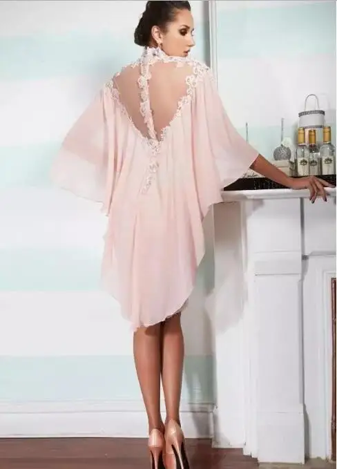 Высокое средства ухода за кожей шеи розовый шифон кружево аппликация бисером с накидкой на заказ Sheer Назад вечернее платье vestido novia мать