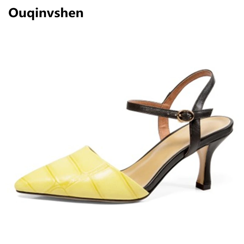 

Ouqinvshen Pointed Toe Fashion Women Heels Concise Buckle Strap Yellow Genuine Leather Casual Ladies Sandals Manual Thin Heels