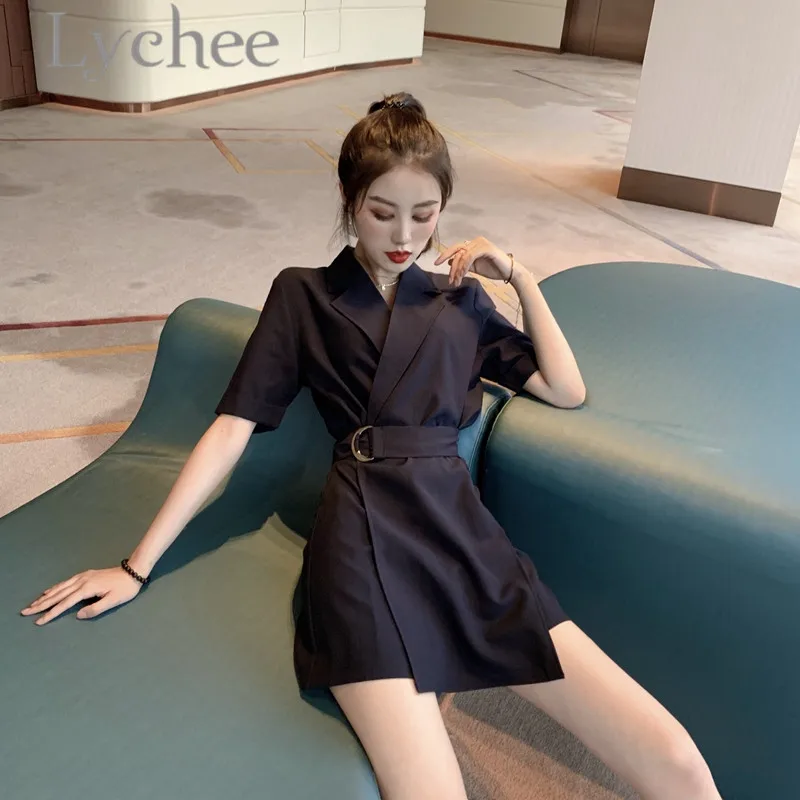 

Lychee Vintage Solid Color Lady Dress Above Knee High Waist Short Sleeve Turn Down Collar Loose Spring Summer Women Dress