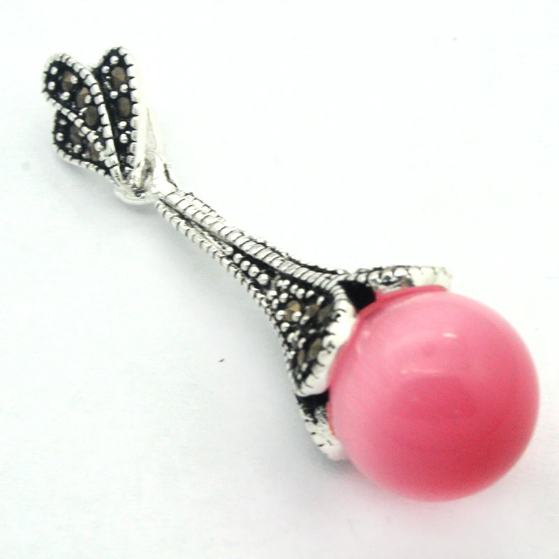 

lady's 925 Sterling Silver Natural 12mm pink opal Marcasite Necklace Pendant 45*12mm