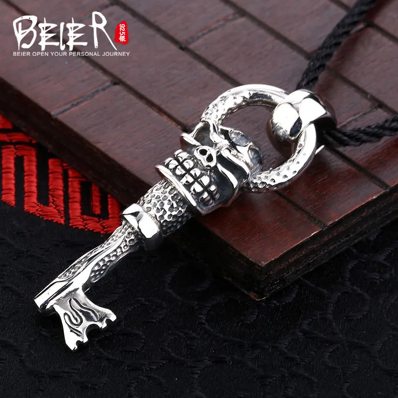 

New style key pendant Beier 925 silver sterling skull pendant necklace free give black rope fashion Jewelry A0740