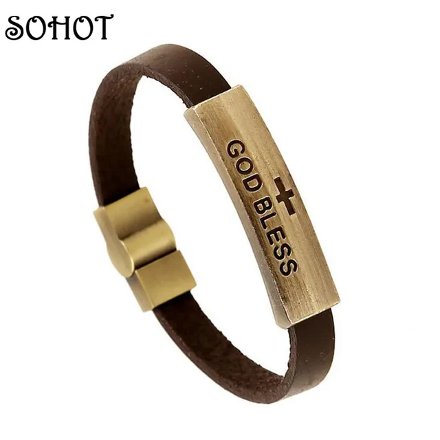 SOHOT Classic Religious God Bless Cross Genuine Leather Bracelet