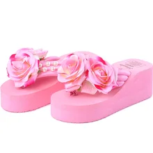 Летние розовые сандалии-шлепанцы; женские пляжные вьетнамки с цветами и жемчужинами для отдыха