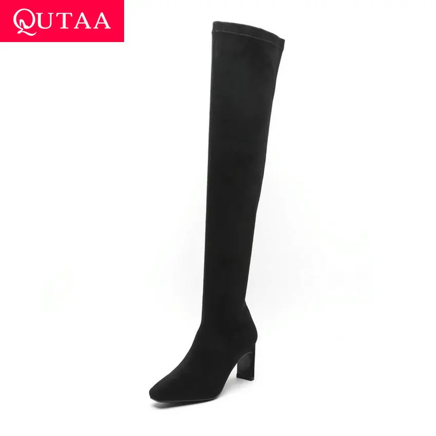 

QUTAA 2020 Zipper Stretch Genuine Leather Suede Over The Knee Boots Autumn Winter Warm Fur Square Toe Women Long Boots Size34-40