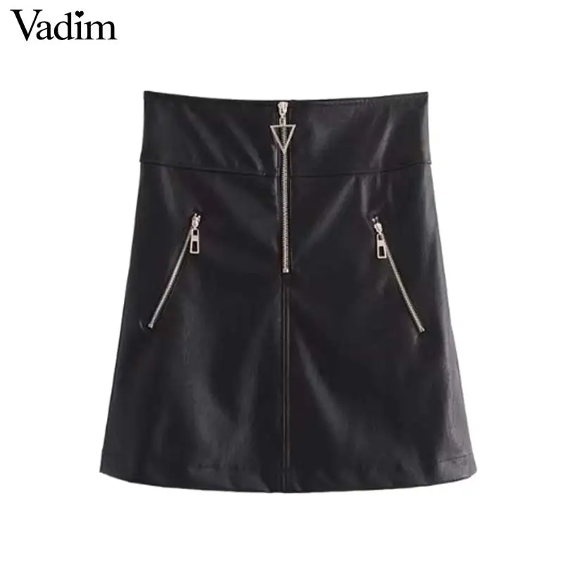 

Vadim women PU leather little black skirts faldas pockets zipper European style ladies fashion chic brief mini skirts BSQ688