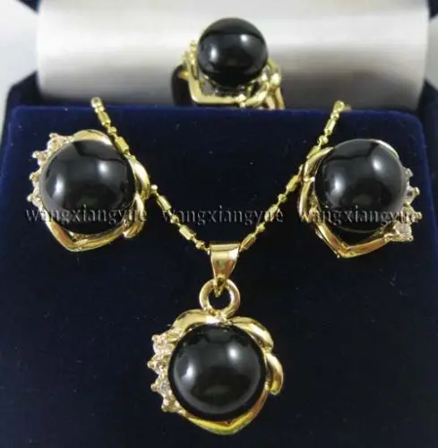 

free shipping>>> shipping Black Rich Agate Earrings Ring & Necklace Pendant Set AAA hot