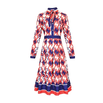 

S-3XL High quality new abstract geometric print lapels lace high waist slim dress fashion stitching pleated shirt dress