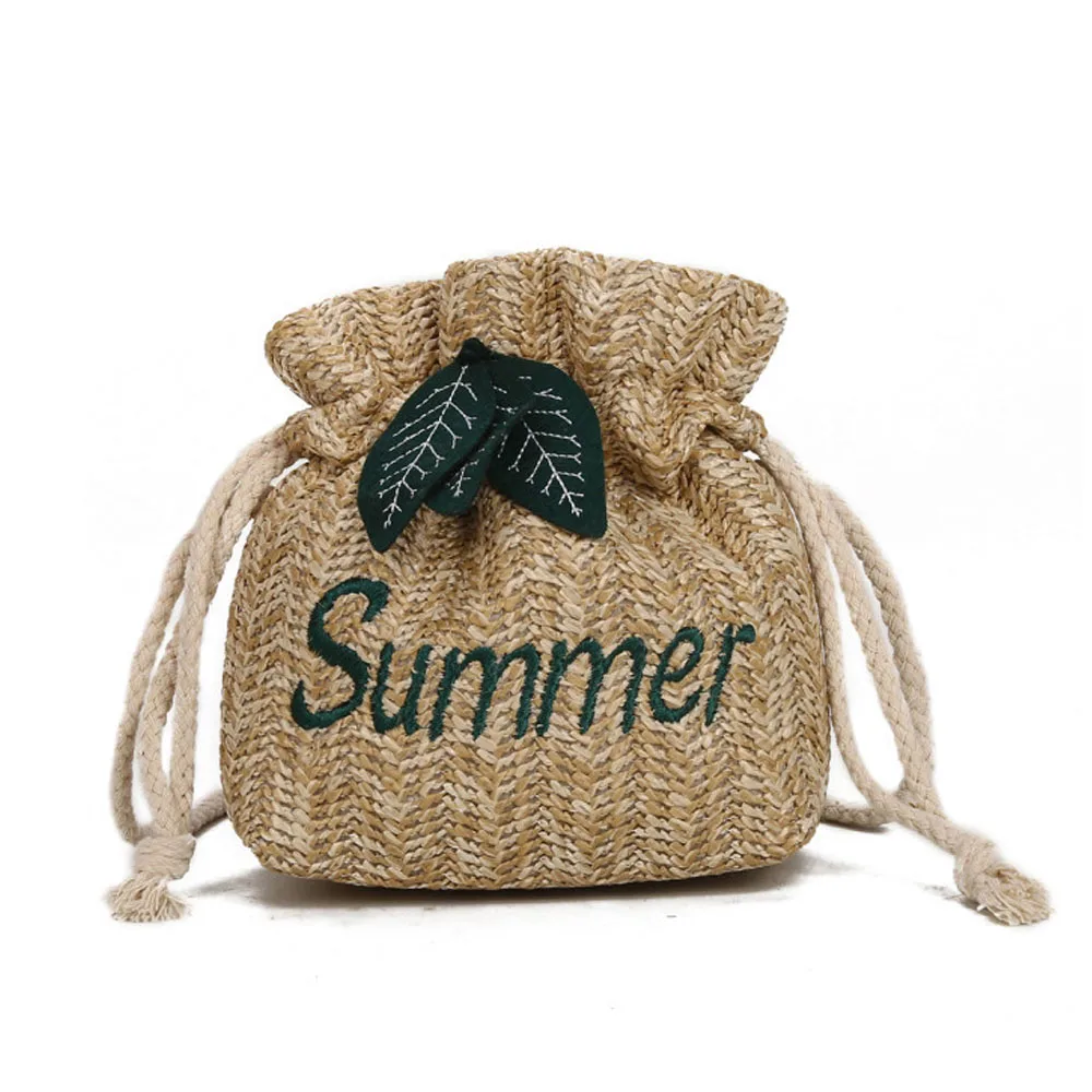 

2019 New Woven Small Straw Bag Female Summer Letter Embroidered Bucket Shoulder Messenger Bag Draw Travel Beach Bags