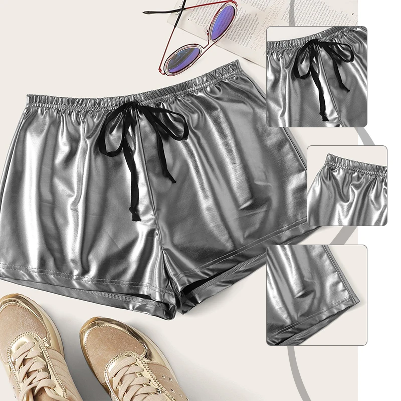 SweatyRocks серебряные шорты из полиуретана с завязками на талии уличная прямые шорты модные летние Гламурные женские шорты