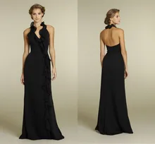 2014 New Arrival Black Generous Halter Long Drap Floor-Length Chiffon Backless A-line Dress For Bridesmaid Vestido De Festa
