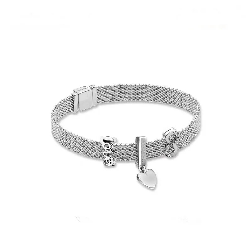 

100% 925 Sterling Silver Reflexions Love Clip Charm SPARKLING INFINITY CLIP Floating Heart Clip Charm Pan Bracelet Set