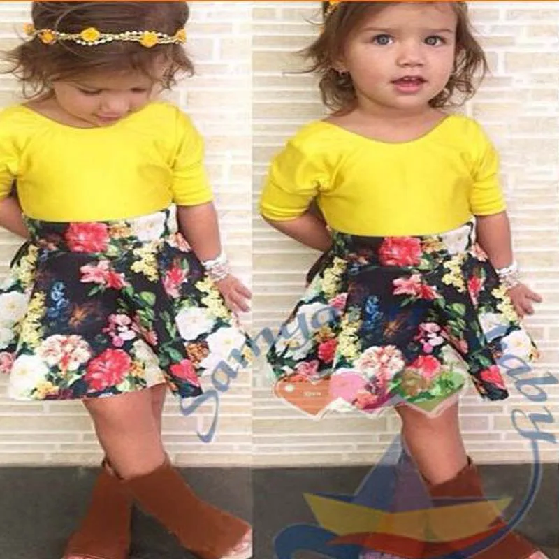 New Arrival 2017 Girls Flower Printed Clothing Set Children Clothes Kids Summer T-shirt +Skirt Costume Retail YAZ023