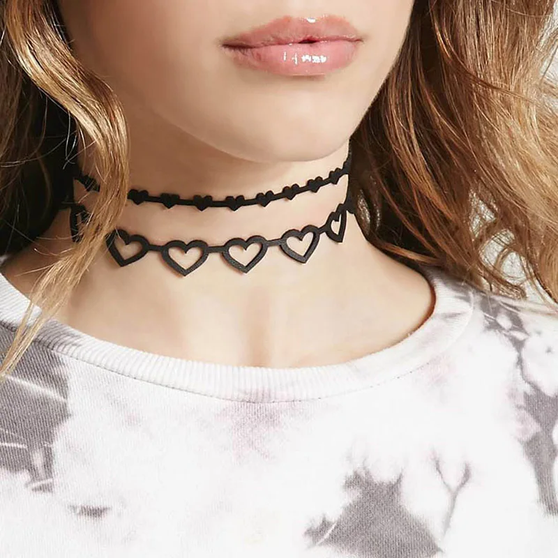New-fashion-jewelry-heart-set-leather-choker-necklace-1set-2pieces-gift-for-women-girl-N2052