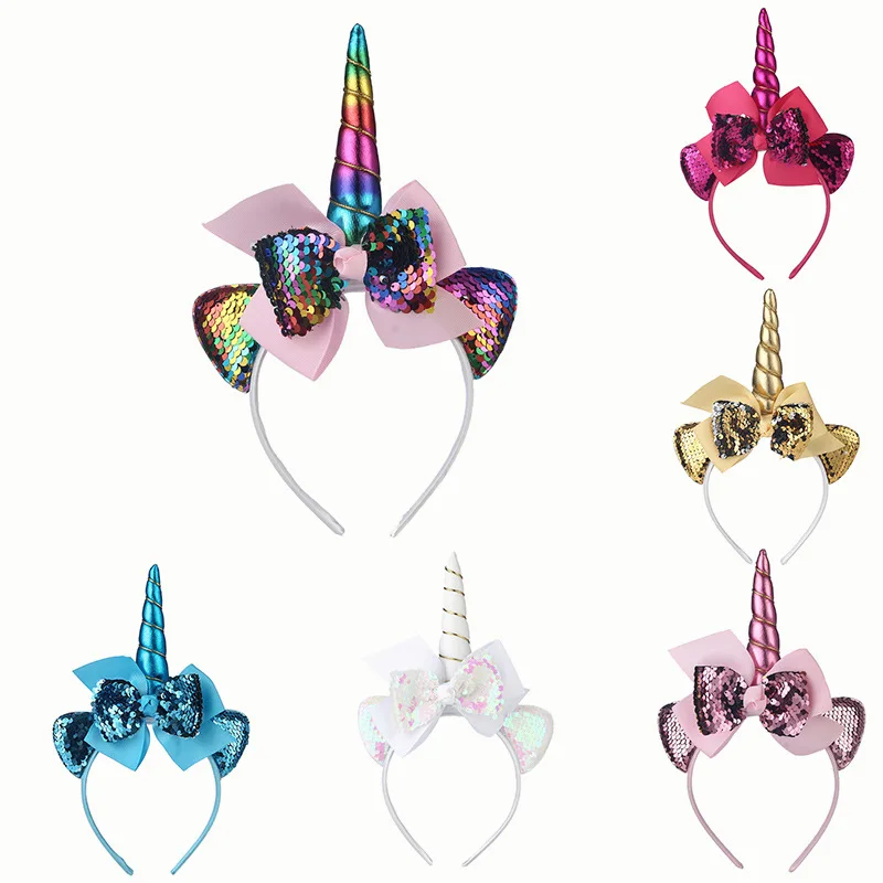 

Nishine New Unicorn Hairbands for Kids Girls Party Headwear Sequin Ribbon Bows Headbands for Children Photography Props