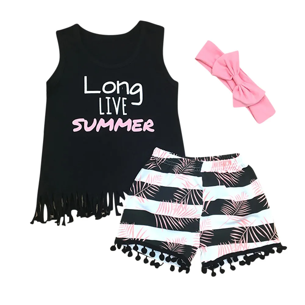

SZYADEOU Summer 3Pcs Toddler Infant Baby Girls Letter Print Tops Striped Shorts Headband Outfits Set Clothes meisje vetement L4