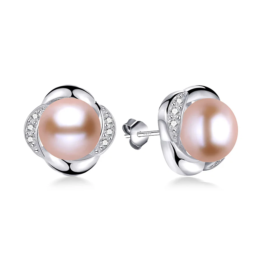 9-10 мм, большие серьги-гвоздики из натурального пресноводного жемчуга для женщин, модные 925 пробы серебряные ювелирные изделия, элегантные серьги в виде цветка с коробкой - Окраска металла: pink pearl