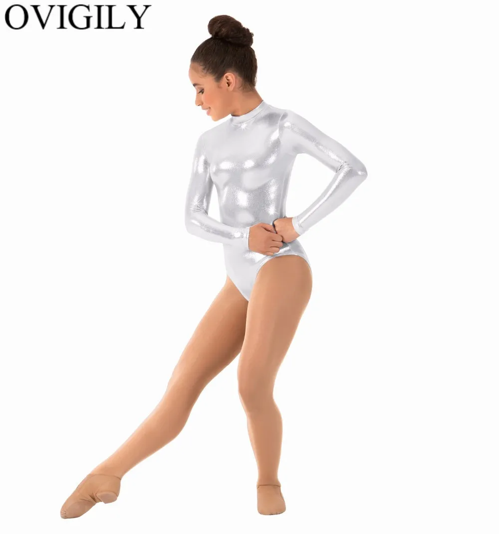 

OVIGILY Girls Metallic Mock Neck Leotards For Gymnastics Kids Spandex Long Sleeve Leotard Ballet Dance Wear kid Team Competition