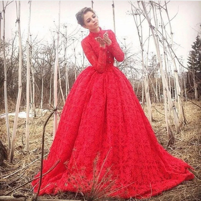 

Engagement Dress Robe De Soiree High Neck Long Sleeve Lace Evening Dress A-Line Long Red Evening gown prom dress party gown