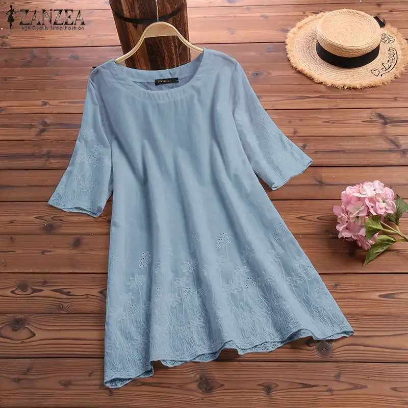 

ZANZEA Women's Short Sleeve Blouse Tunic Tops 2019 Summer Casual Loose Ladies Tops Blusas Harajuku Embroidered Shirts Plus Size