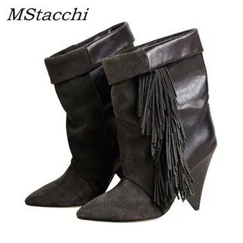 

MStacchi Real leather Black Grey Pointed Toe Ankle Boots For Women 8CM High Heel Fringe Tassel Short Boots Ladies Botas Feminina