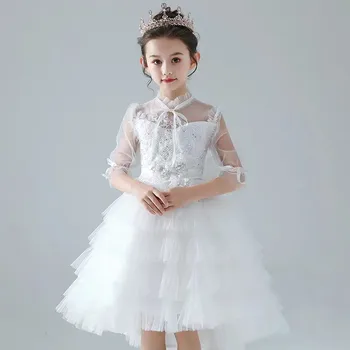 

2019White Color Girls Children Appliques Flowers Birthday Wedding Party Princess Mesh dress Toddler Infant Host Pageant Dress