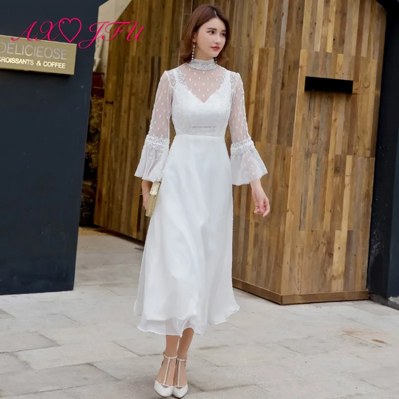 

AXJFU Luxury princess white high neck evening dress white lace vintage illusion pagoda sleeve evening dress 100% real photo