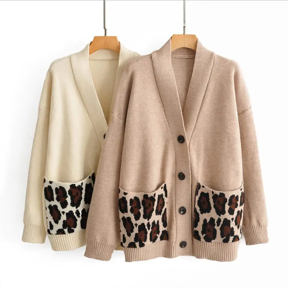 

Leopard pockets v-neck single breasted Cardigan sweater mori girl 2019 autumn winter