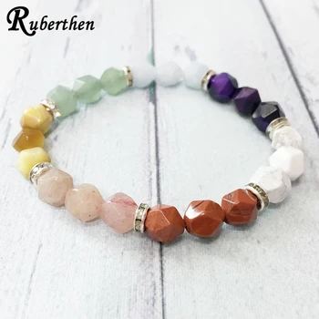 

Ruberthen New Design Diamon d Cut 7 Chakra Yoga Green Aventurine Tiger Eye Howlite Bracelet Feminine Power Wrist Mala Jewelry
