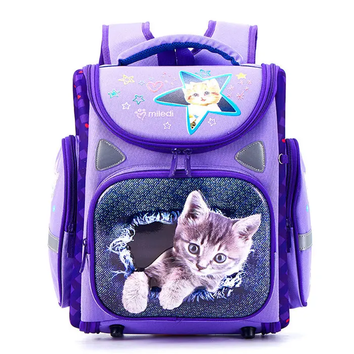 Мультяшные ортопедические школьные рюкзаки для девочек и мальчиков, рюкзак с рисунком автомобиля, школьные сумки для студентов, Mochila Infantil, класс 1-4 - Цвет: purple cat