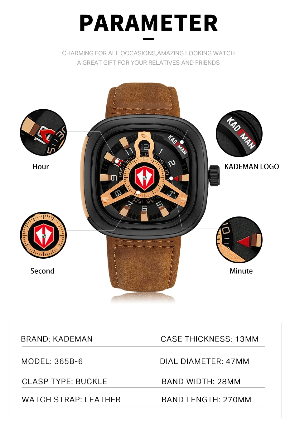 KADEMAN 365B-6 Square Kademan Unique Mens Watch description image 2
