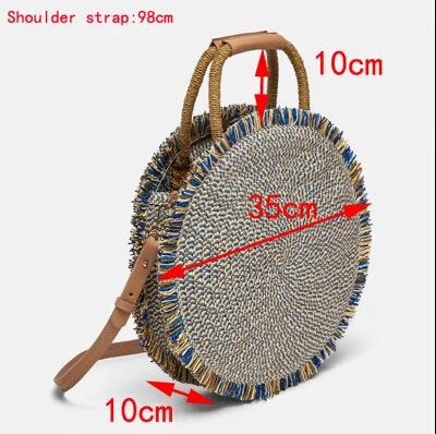 2019 Lady Round Rattan Bag Handmade  Straw Woven Circle Crossbody Handbag for Women Round Tassel Beach Straw Bag