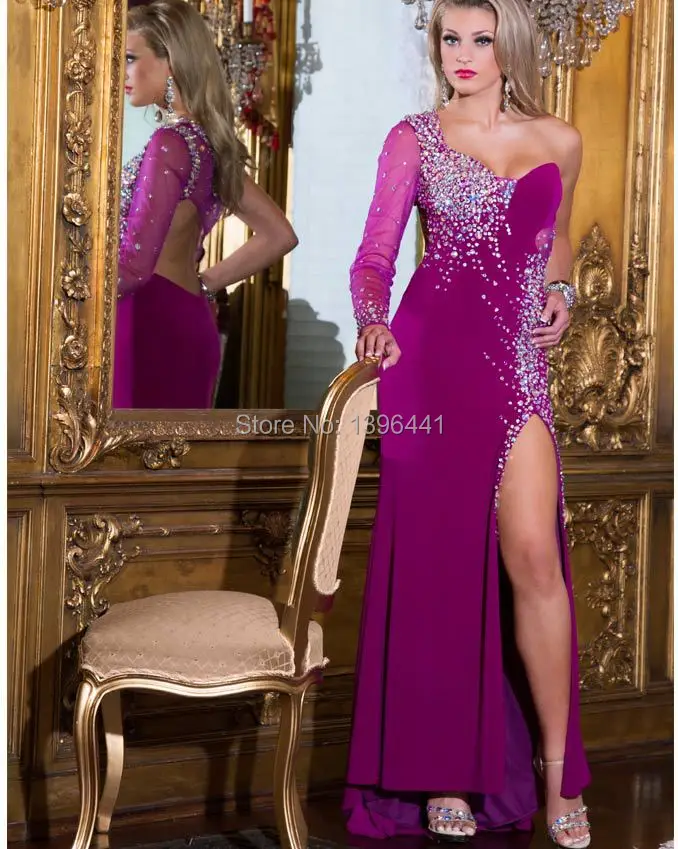 Latest style vestido de festa purple one shoulder long sleeve side slit crystal bead evening formal dresses for special ossasion | Свадьбы и