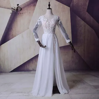 

SoDigne Wedding Dresses Lvory Side Slit Lace Appliques Cheap Vestido e novia para playa Vintage Long Sleeve Wedding Dress